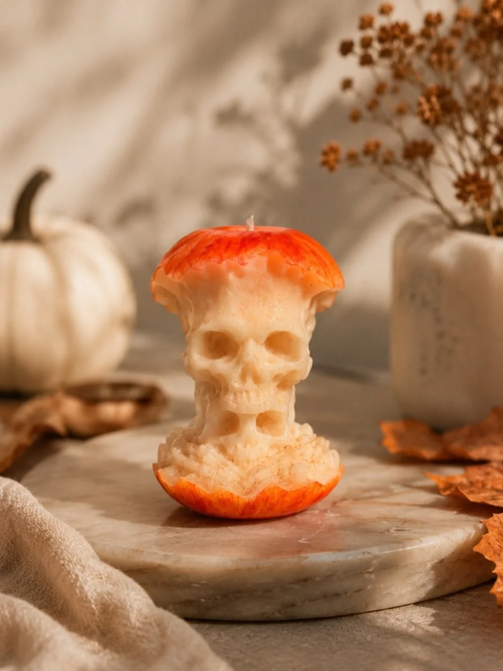 Handmade Halloween Skull Apple Candle | Spooky Fall Decor | Red or Yellow
